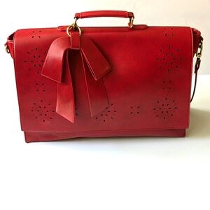 Walasa Red Split Leather Purse Messenger Bag w/ Red Bow Keychain Brand New